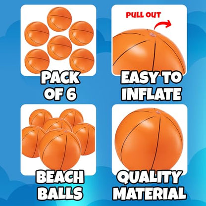 Inflatable Basketball Beach Balls (6 Pack) - 16-Inch Durable Beach Balls for Kids, Summer Pool Toys, Basketball Party Favors, Sports Theme Decorations, Giveaways - style: 6-Pcs Basketball Beach Balls