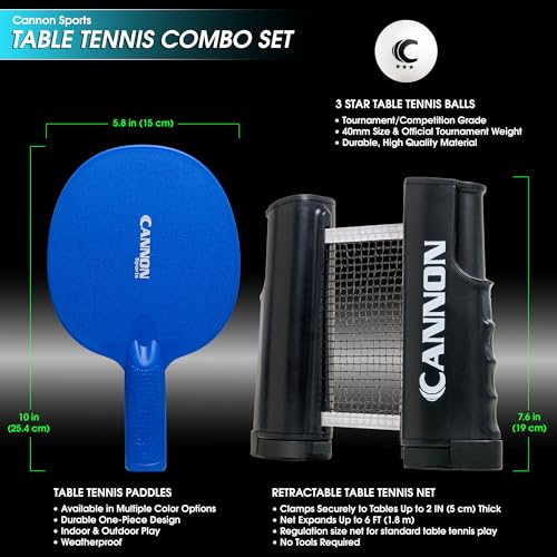 Cannon Sports Table Tennis Set – 2 Unbreakable Paddles, 6 3-Star Balls, Retractable Net & Carry Bag – Clamp-On Portable Ping Pong Net Fits Tables up to 2 Inch Thick, Extends to 6 Feet - color: Blue