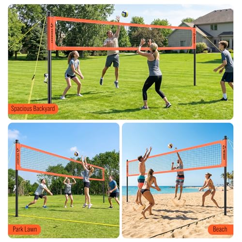 Professional Heavy Duty Volleyball Net Set for Backyard & Beach, Outdoor Net System with Steel Anti-Sag Winch, 32FT Reinforced Net, Height Adjustable Rust-Resistant Aluminum Poles, Portable Carry Bag