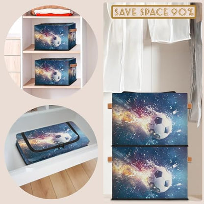 Soccer Sports Storage Bins with Zipper Lid Collapsible Storage Bags Foldable Stackable Storage Boxes Clothes Organizer Containers with PU Leather Handles (23L-2 Pack) - size: 2-Pack 14.2x10.2x10 in