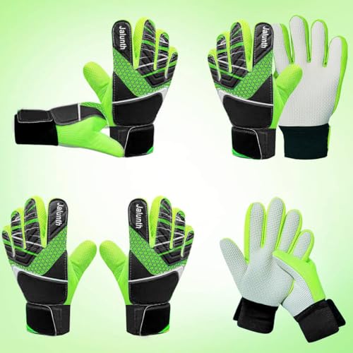 Jalunth Goalkeeper Goalie Soccer Gloves Kids Youth Goal Keeper Field Player Glove Boys Girls Embossed Anti-Slip Latex Palm Soft Pu Hand Back - color: Black Green, size: Size 7 Suitable for 9-10 Years