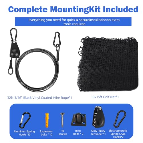Golf Practice Net with Pre-Assembled Hanging System, 10x10/ 10x15/ 10x20ft Golf Netting for Garage, Self-Locking Pulley & 3/16" PVC Coated Cable, Easy Tension Setup, DIY Sports Netting - size: 10x15 FT