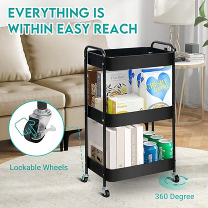ZOES HOMEWARE 3 Tier Rolling Cart, Metal Utility Cart with 4 Hooks, Rolling Storage Cart on Wheels, Small Organizer Cart for Nursery, Kitchen, Living Room, Bathroom, Black - color: Black