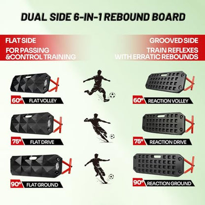 6-in-1 Soccer Rebounder Board - Dual Surface Adjustable Angle Soccer Wall with 6 Training Modes for Passing, Control & Reflex - Portable Soccer Training Equipment with 2 Sandbags for All Players