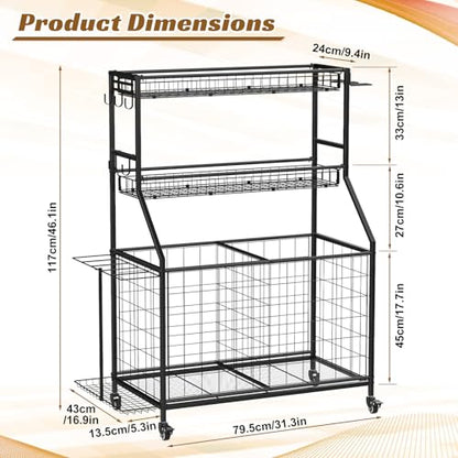 Sports Equipment Organizer, Garage Ball Storage Rack with Removable Baskets, Hooks & Bat Rack, Rolling Sports Gear Storage Cart with Lockable Wheels for Garage, Toys, Gym, School