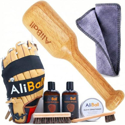 AliBall Baseball Glove Break-in & Care Kit, 8.5 fl oz Glove Oil, 8.5 fl oz Cleaner & 3.52 oz Conditioner, Mallet, Wrap, 2 Brushes & Cloth for Baseball/Softball Mitts - style: Basic Value Kit