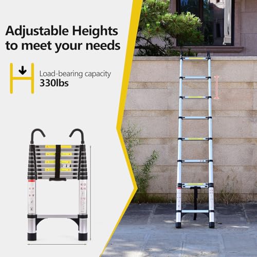 Telescoping Ladder, Aluminum Lightweight Extension Ladder with 2 Triangle Stabilizers, Heavy Duty 330lbs Max Capacity, Multi-Purpose Collapsible Ladder for RV or Outdoor Work (9.5 FT) - size: 9.5 FT