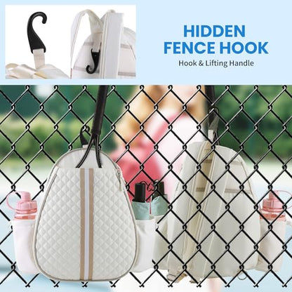 Tennis Bags for Women - Ideal Mothers Day Gifts, Quilted Tennis Sling Crossbody Backpack with Fence Hook, Water Resistant Tennis Racket Bag for Pickleball, Badminton, Beige