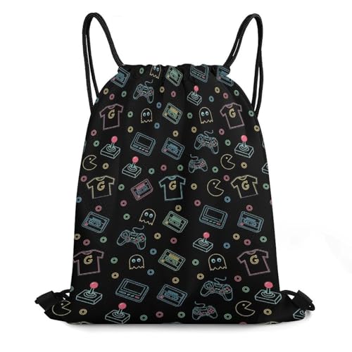 Large Capacity Beam Backpack Drawstring Sack for Basketball Sports Gear Travel Storage Men Women Unisex, Colorful Game Video Gaming Pattern Black Bags - color: Picture (354)