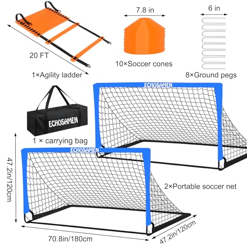Kids Soccer Goals for Backyard, 2 of 6 x 4 ft Kids Soccer Goal Set Soccer Net with 10 Soccer Cones, Agility Ladder & Carry Bag, Portable Soccer Training Equipment. - color: Blue