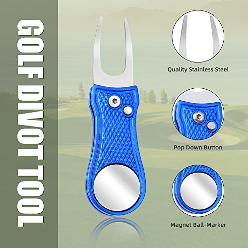 Mile High Life Golf Divot Repair Tool, All Metal Foldable Divot Tool with Pop-up Button & Magnetic Ball Marker - color: Blue Bone