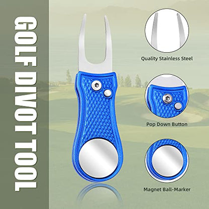Mile High Life Golf Divot Repair Tool, All Metal Foldable Divot Tool with Pop-up Button & Magnetic Ball Marker - color: Blue Bone