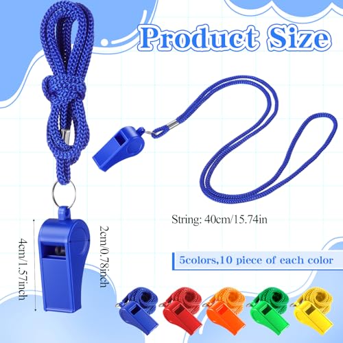 50 Pcs Mardi Gras Throws Plastic Whistles Bulk with Lanyard for Coach, Training Sports Whistles Mardi Gras Accessories Loud Crisp Sound Whistless Prize Gift for Birthday Party Games Survival Emergency