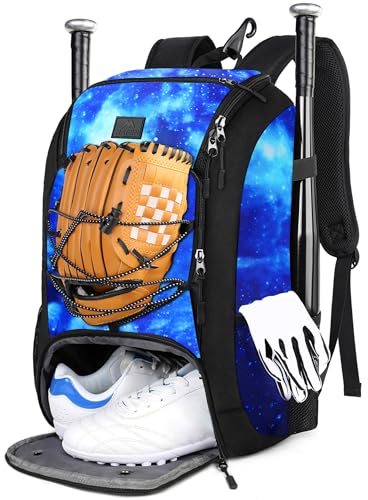 MATEIN Baseball Backpack, Softball Bat Bag with Shoes Compartment for Youth, Boys and Adult, Lightweight Baseball Bag with Fence Hook Hold TBall Bat, Batting Mitten, Helmet, Caps, Teeball Gear - color: Galaxy Blue, size: 29L