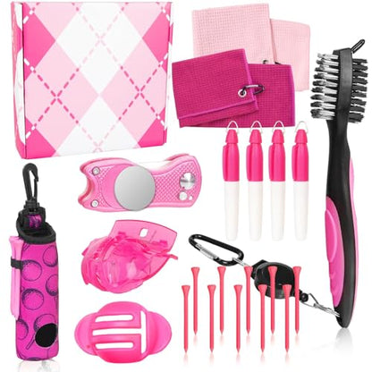 Golf Accessories Kit Golf Club Cleaning Kit Club Groove Cleaner Brush Divot Repair Tool Golf Towel with Clip Ball Bag with Hook Ball Alignment Kit Marking Pen Golf Gift Set Women - color: Hot Pink