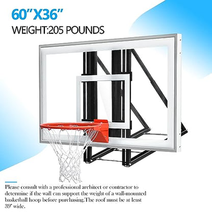 Roof Mounted Basketball Hoop Garage Includes 48" Or 60'' Crystal-Clear Tempered Glass Backboard, Durable Steel Universal Bracket and Double Spring Breakaway Rim with Net