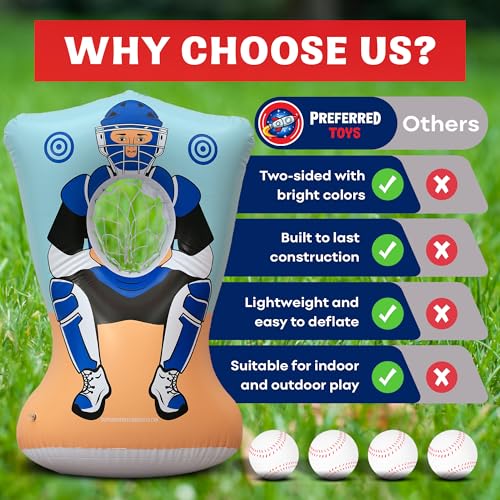 Preferred Toys Inflatable Baseball Pitching Target for Kids 3 and Above - Double-Sided Throwing Toss Game with 4 Soft Balls - Indoor Outdoor Baseball Toys Training Equipment - Red/Blue