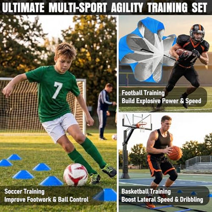MUROZA Agility Ladder, Agility Speed Training Equipment Set, 20ft Speed Ladder, 12 Soccer Cones, 4 Hurdles, Jump Rope, Running Parachute, Soccer Football Basketball Training Equipment Accessories