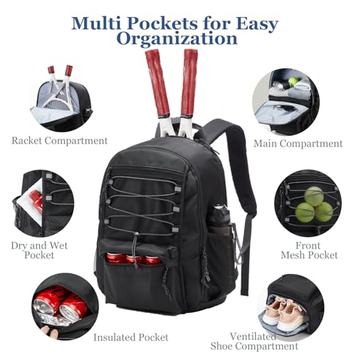 Tennis Bag, Tennis Backpack for Women Men 2 Rackets with Insulated Pocket Shoe Compartemnt for Pickleball Tennis - color: Black