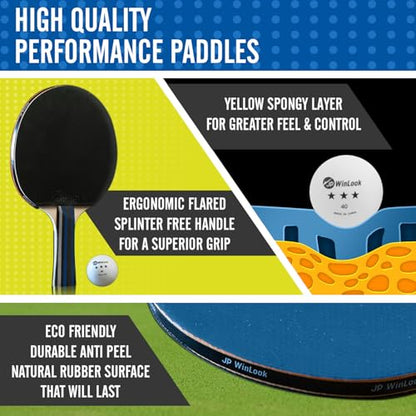 JP WinLook Ping Pong Paddles Sets - Portable Table Tennis Paddle Set with Ping Pong Paddles Professional Case & Ping Pong Balls - Premium Table Tennis Racket Player Set for Indoor & Outdoor Games - style: Black/Blue 4 Paddle Set