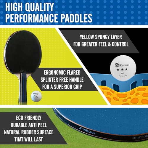 JP WinLook Ping Pong Paddles Sets - Portable Table Tennis Paddle Set with Ping Pong Paddles Professional Case & Ping Pong Balls - Premium Table Tennis Racket Player Set for Indoor & Outdoor Games - style: Black/Blue 2 Paddle Set