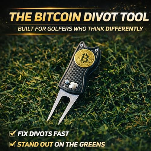 Bitcoin Golf Divot Repair Tool, All-Metal Golf Accessories - 3- in-1 Golf Multitool (Divot Tool, Ball Marker, Club Holder) | Foldable with with Pop-up Button & Magnetic Ball Marker