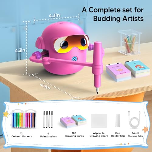 Drawing Robot for Kids with 100 Cards, Montessori Painting Learning Toys for 3 4 5 6 7 8 Year Old Boys Girls,Voice Interactive Early Learning Educational Drawing Toy Gift for Birthday Party - size: Pink