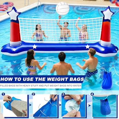 4th of July Pool Games Set, Volleyball Net & Basketball Hoop & Ring Toss, 250th Anniversary 3-in-1 Large Inflatable Water Sport Game Toys for Multi-Player Adults American Flag Swimming Summer Party