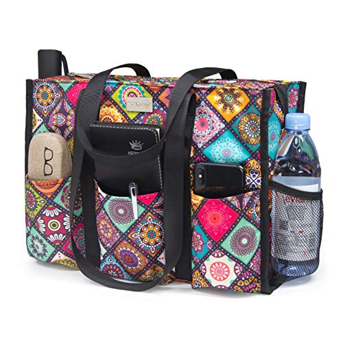 TOPDesign Utility Water Resistant Tote Bag with 13 Pockets, Top Zipper Closure & Thick Bottom Support, for Working Women - color: Yoga, size: Large