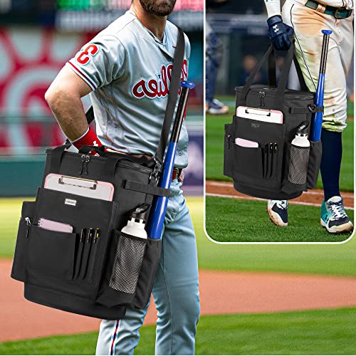 Goburos Baseball Ball Bucket with Large Capacity, Softball Coach Bag with Anti-Slip EVA Bottom, Space for Bat, Gloves, Scoreboards and Other Accessories