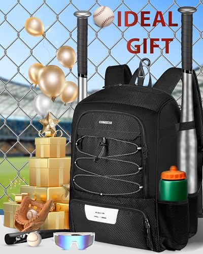 COMECOI Baseball Bag, Baseball Backpack with Helmet Shoes Bag for Youth, Adult, Lightweight Softball Bag with Fence Hook Hold TBall Bat, Baseball Glove, Helmet, Caps, All Gear