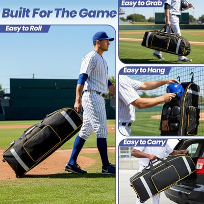 81L Rolling Baseball Bag with Wheels, Softball Catchers Gear Bags for 4 Bats (Fits Up To 34"), Separate Shoe Compartment, Safety Reflective Strip, Fence Hook, Foldable T-Bag for Youth & Adult - color: Black