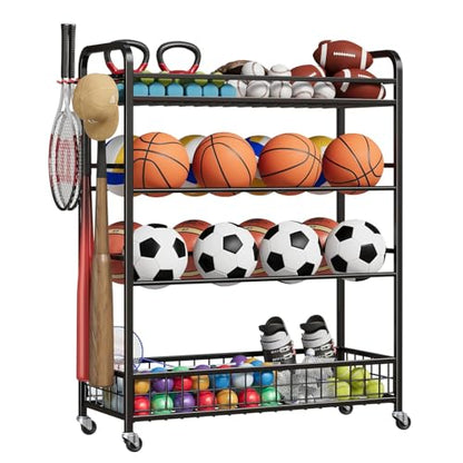 GarveeLife Garage Sports Equipment Organizer - Rolling Ball Storage Bin with Wheels, Garage Sports Gear Rack Outdoor Basketball Racks for Balls with Baseball Bat Holder and Hooks, Toy Organizer