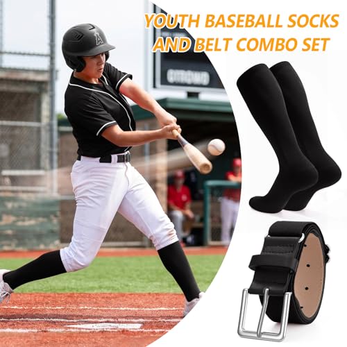 XZQTIVE Baseball Softball Socks and Baseball Softball Belt Combo Set Knee-High Soccer Socks for Kids Youth Adult - color: Black, size: Kid