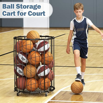 Hencawima Garage Ball Storage: Round Sports Equipment Organizer with Wheels, Sports Ball Rack With Elastic Rope, Ball Holder for Basketball, Soccer, Volleyball, Football, Garage, Gym, Outdoor (Black)