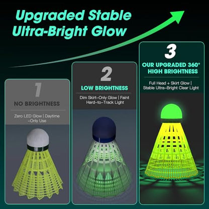 AboveGenius Glow in The Dark Badminton Birdies 6 PCS, 360° Nylon LED Badminton Shuttlecocks for Family Backyards Practice, Long Lasting Light Up Birdie Balls Set for Indoor Outdoor Sports Activities