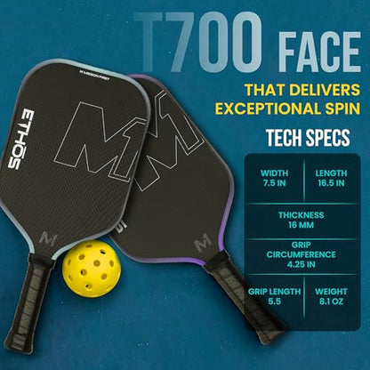 M1 Pickleball Paddles: USAP and PBCor.43 Approved, 16 MM, Elongated, Thermoformed, T700 Raw Carbon Fiber, Strong Power, Control, and Spin, Superior Paddle