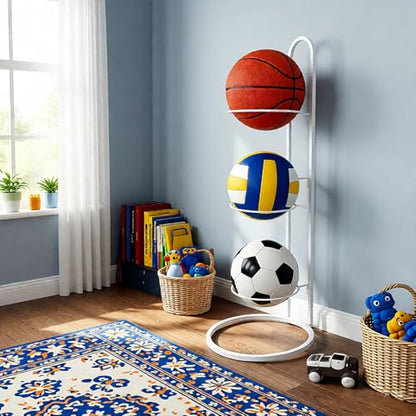 Ball Storage Rack, White Metal, 4-Tier Vertical Organizer for Basketball, Soccer, Volleyball, Sports Equipment Holder (4-Tier) - size: 4-Tier