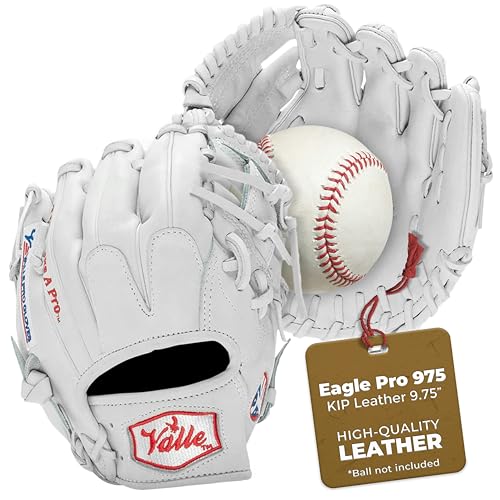 Valle Pro 975 Kip Leather Infield Baseball Training Glove - Right & Left Hand Throw - Youth Softball Mitt for Boys & Girls - Sure Catch, Fielding Practice & Training Equipment - White, 9.75"