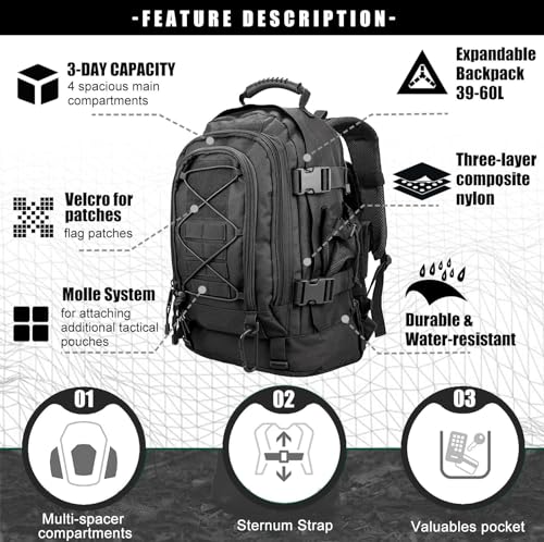 Miramrax Tactical Backpack Military Army Daypack - Assault Pack for Men Molle Backpacks Bug Out Bag 3 Day Pack for Hiking Camping Travel Hunting Rucksack Trekking Black - color: Black