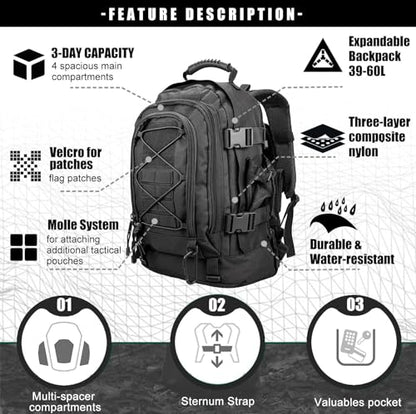Miramrax Tactical Backpack Military Army Daypack - Assault Pack for Men Molle Backpacks Bug Out Bag 3 Day Pack for Hiking Camping Travel Hunting Rucksack Trekking Black - color: Black