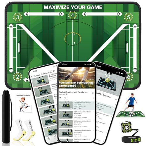 2F22E Soccer Training Mat for Kids & Youth, Non-Slip Silent Footwork Training Equipment with Soccer Bounce Trainer & Socks, Ball Mastery Skills Mat with Instructional Video for Indoor Practice - color: Green
