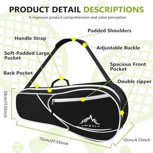 Himal 3 Racquet Tennis Bag With Protective Pad, Tennis Racket Bag for Men Women, Sports Enthusiasts of All Ages - color: Black