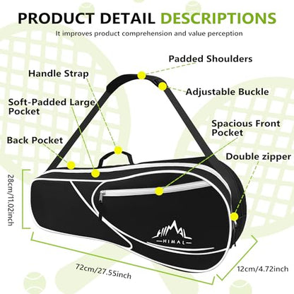 Himal 3 Racquet Tennis Bag With Protective Pad, Tennis Racket Bag for Men Women, Sports Enthusiasts of All Ages - color: Black