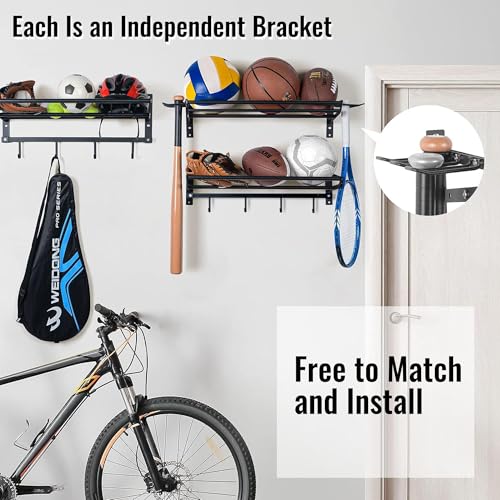 Garage Sports Equipment Organizer Wall Mount - 3 Shelves Ball Rack Organizer and 4 S-Hooks for Easy Installation and Storage of Balls in Garages or Gyms Matte Black