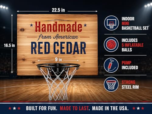 Elite Mini Basketball Hoop & Ball Set, Wall Mount, Indoor Made in the USA Cedar Backboard. Includes 9” Hoop, Net, Pump & 5 Mini Basketballs. - color: Natural/Black Rim