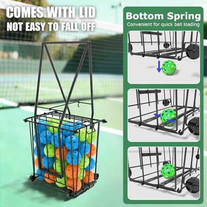 Tennis & Pickleball Hopper with Wheels – Ball Pick Up Basket, Pickleball Ball Retriever Ball Holder Storage Holds 75 Tennis Balls & 50 Pickleballs