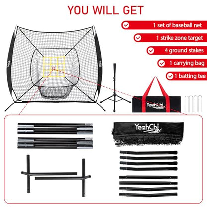 7x7 Ft Baseball and Softball Training Net with Batting Tee, Strike Zone Target, Portable Hitting and Pitching Practice Set - color: Black