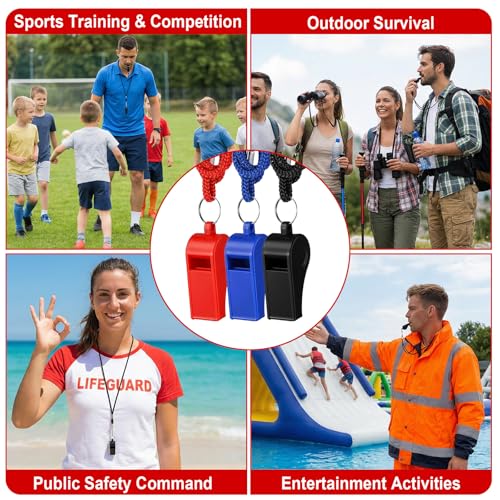 60 Pcs Whistles Bulk, Outdoor Sports Whistles with Lanyard Loud Crisp Sound Whistle for Coach Referees Training Emergency (Black, Blue, Red)
