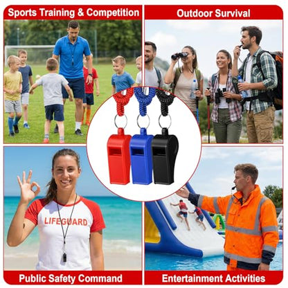 60 Pcs Whistles Bulk, Outdoor Sports Whistles with Lanyard Loud Crisp Sound Whistle for Coach Referees Training Emergency (Black, Blue, Red)